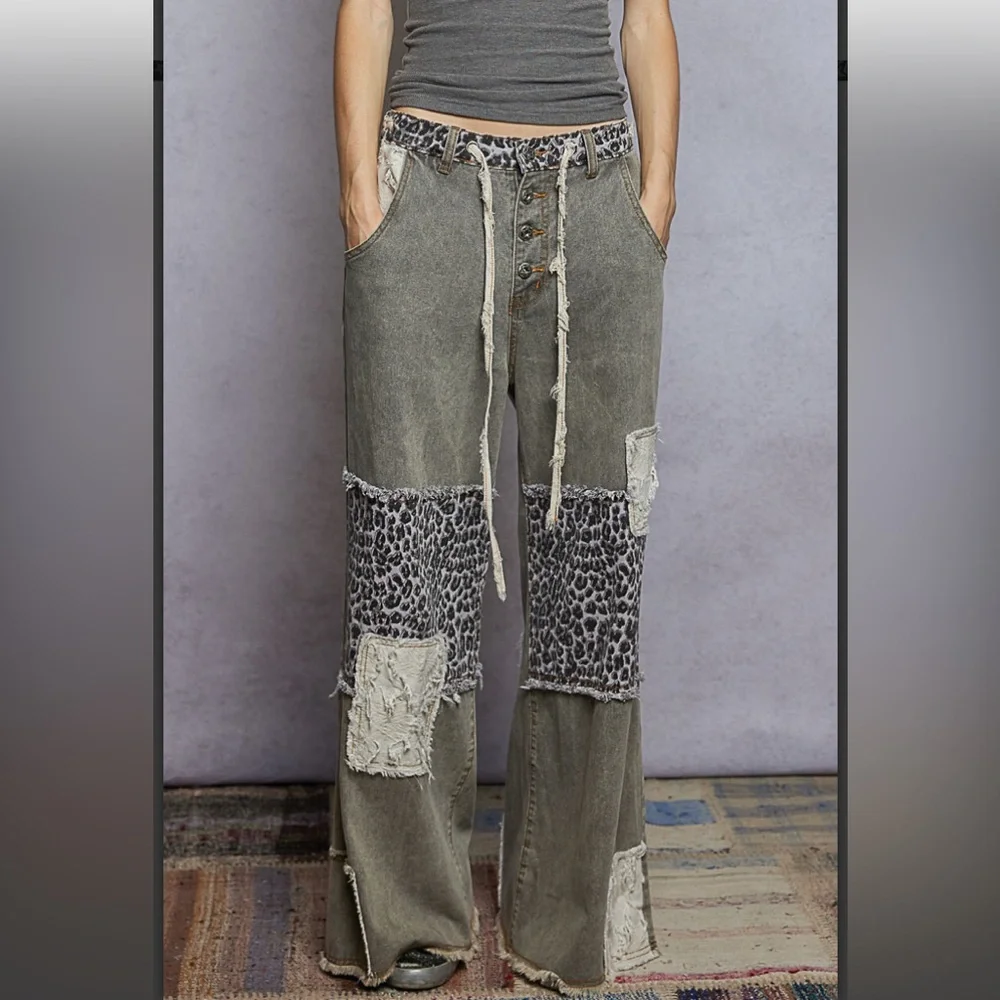 POL Olive Green Patchwork Wide-Leg Pants with Leopard Panels - Picture 2 of 5